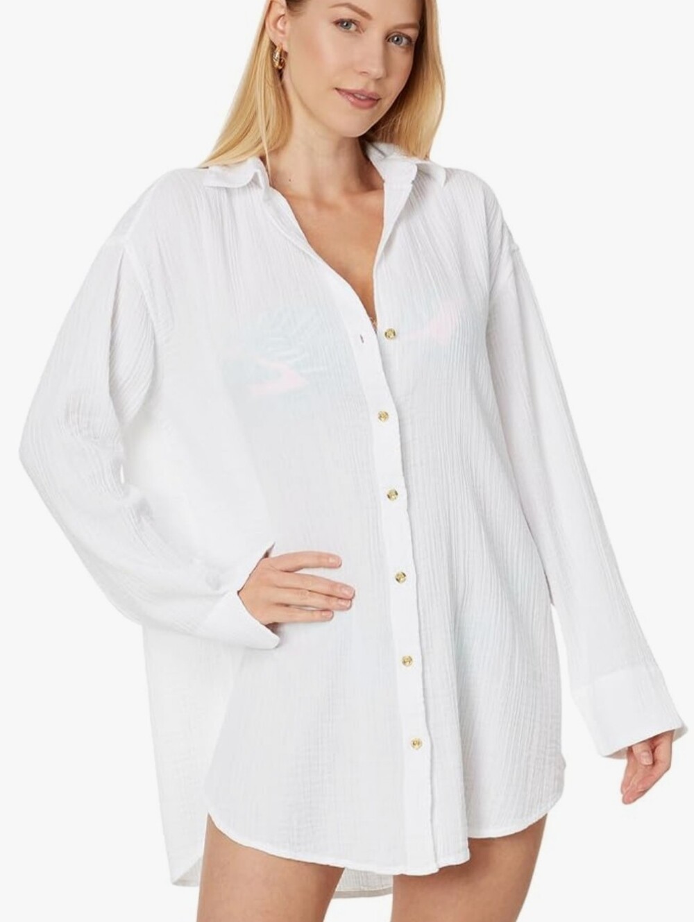 Lily Pulitzer Kwitney Slub Cotton White Cover Up Long Sleeve Shirt Dress Small